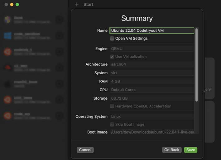 VM configuration summary