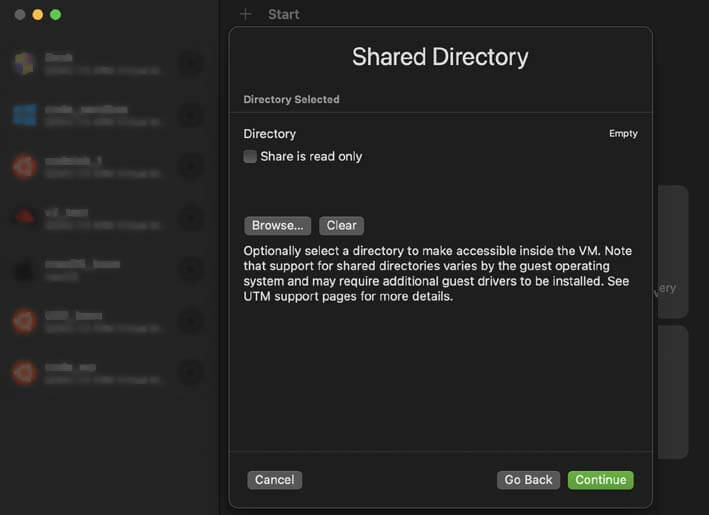 VM shared directory settings