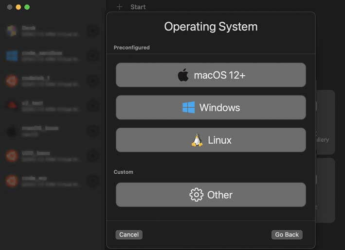 UTM selecting the Operating system