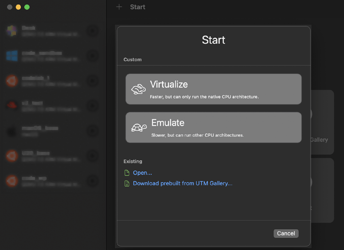 VM Virtual vs emulate option selection