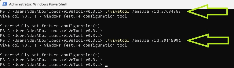 Run vivetool to enable Windows 11 file explorer tab feature