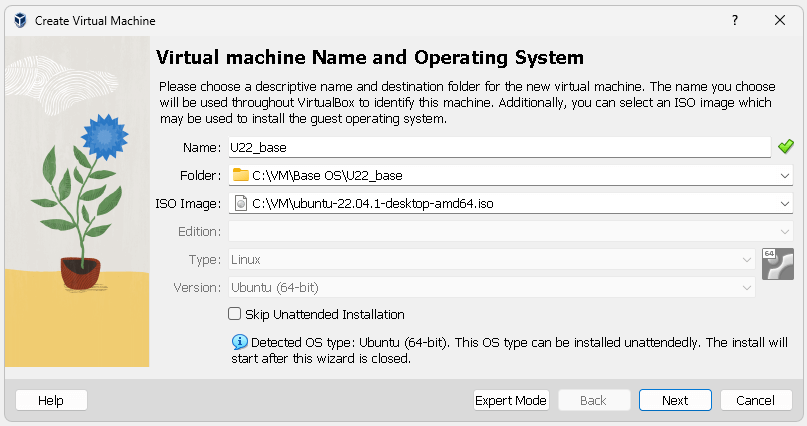 VirtualBox 7 VM setup guide, selecting unattended installation