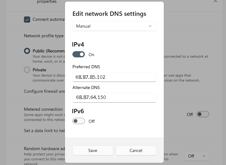 how to set xfinity comcast DNS ips for Windows 11